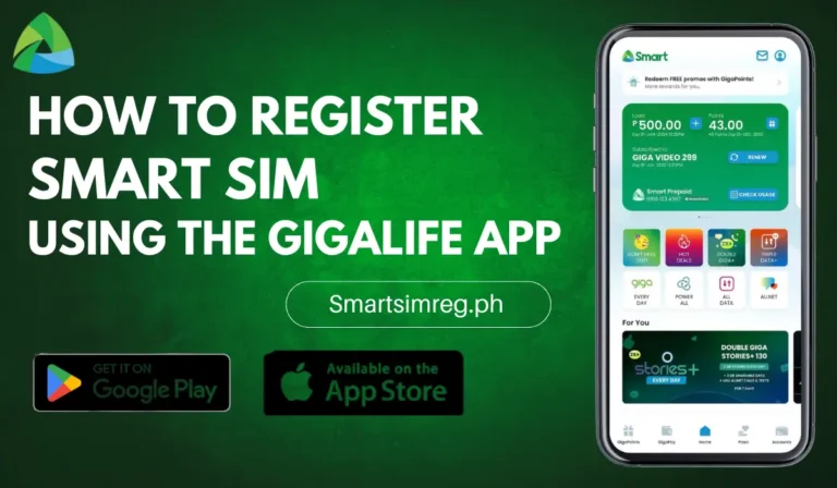 Image showing steps to register a Smart SIM using the GigaFlare app on a smartphone.